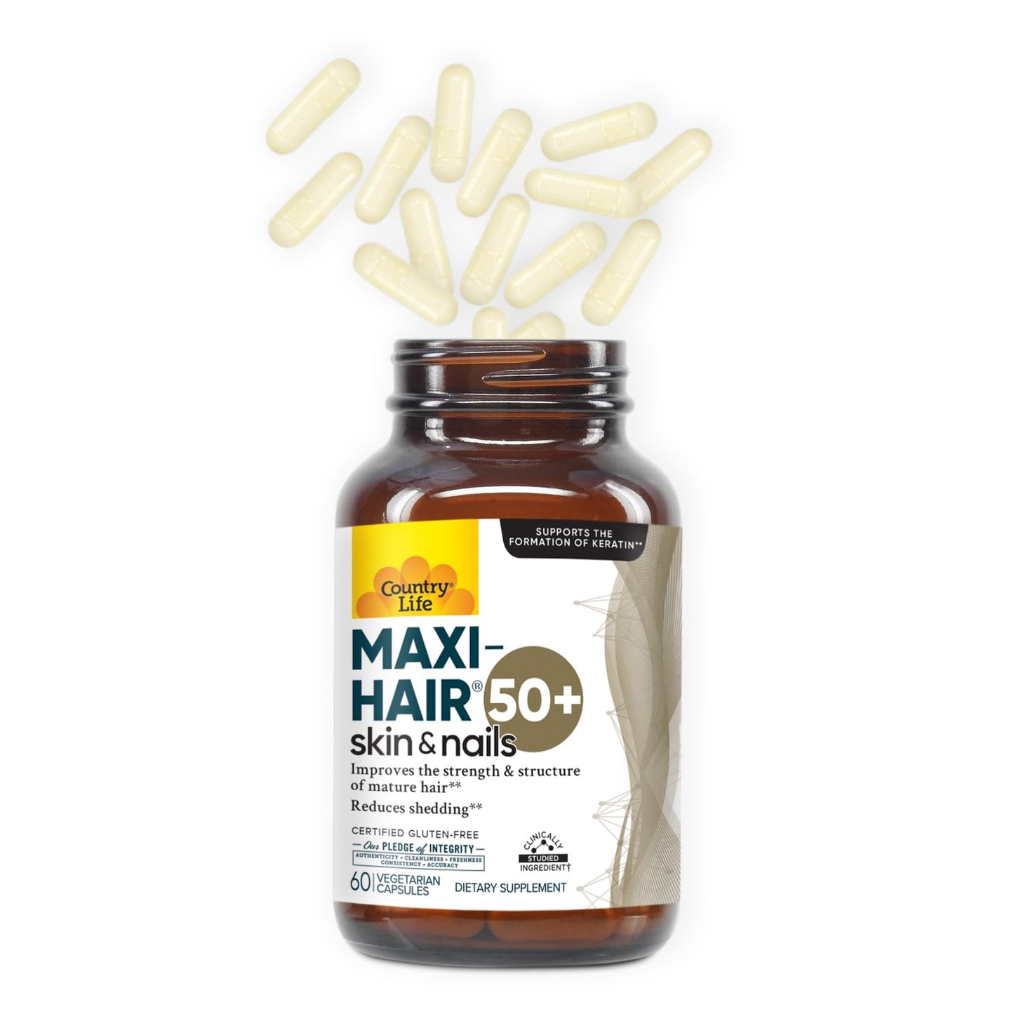 Country Life Maxi-Hair 50+ Biotin-Based Hair, Skin & Nails Supplement for Women & Men Over 50 Capsules 60