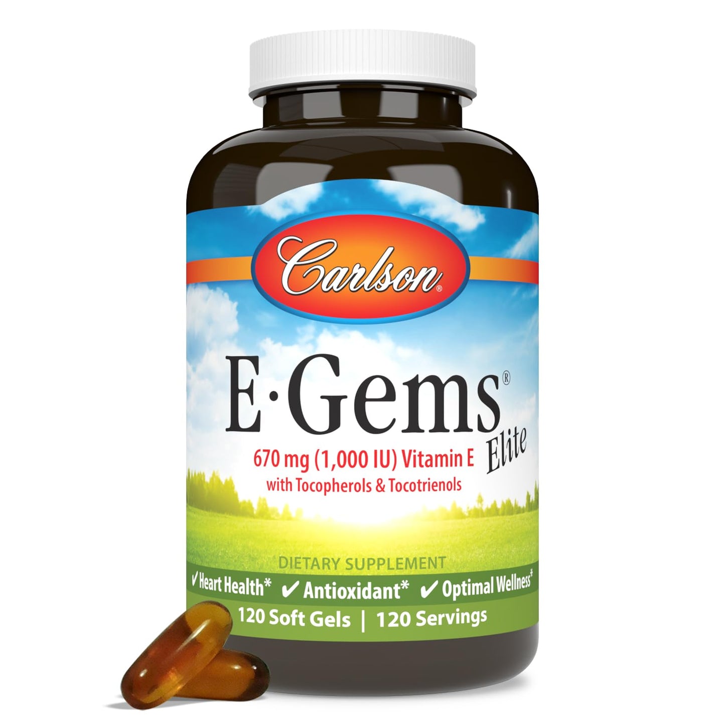 Carlson E-Gems Elite Vitamin E with Tocopherols and Tocotrienols, 1000 IU (670 mg), Optimal Wellness, 120 Softgels
