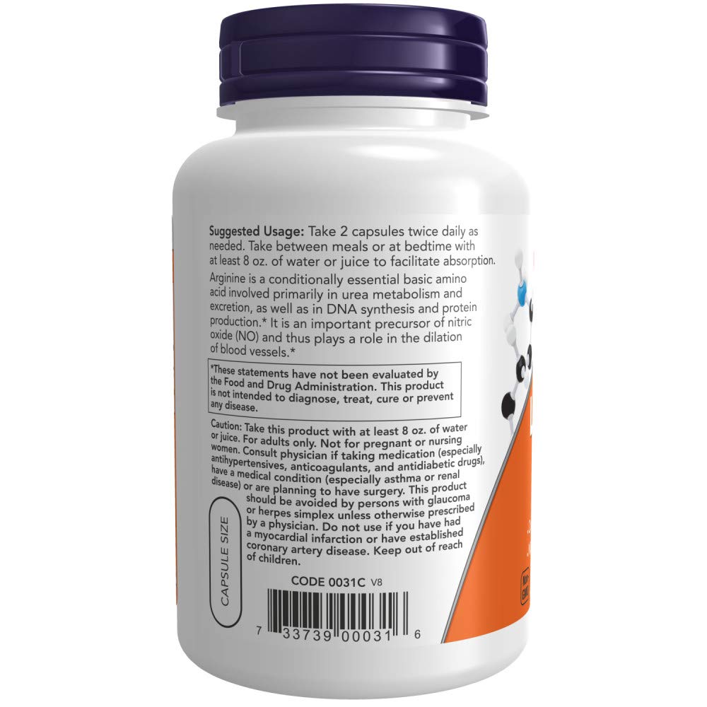 NOW Foods L-Arginine 500 mg Capsule, 1 Count