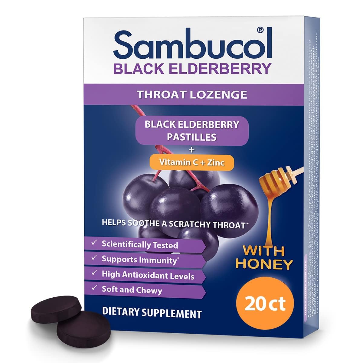 Sambucol Black Elderberry Throat Lozenge - Honey, Soothes Cough, 20 Tablets