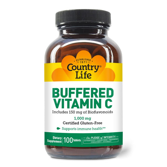 Country Life Buffered Vitamin C 1000mg with Bioflavonoids, Calcium, Magnesium, Potassium - Immune Support, Vegan Tablets, 100 Count