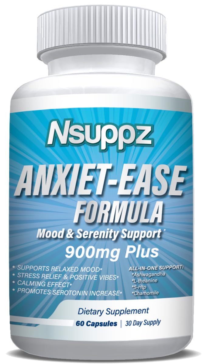 Global Creations Natural Mood & Serotonin Support - Nutrisuppz Anxiet-Ease Formula with Ashwagandha, L-Theanine, GABA, 5-HTP, Magnesium - 60 Capsules