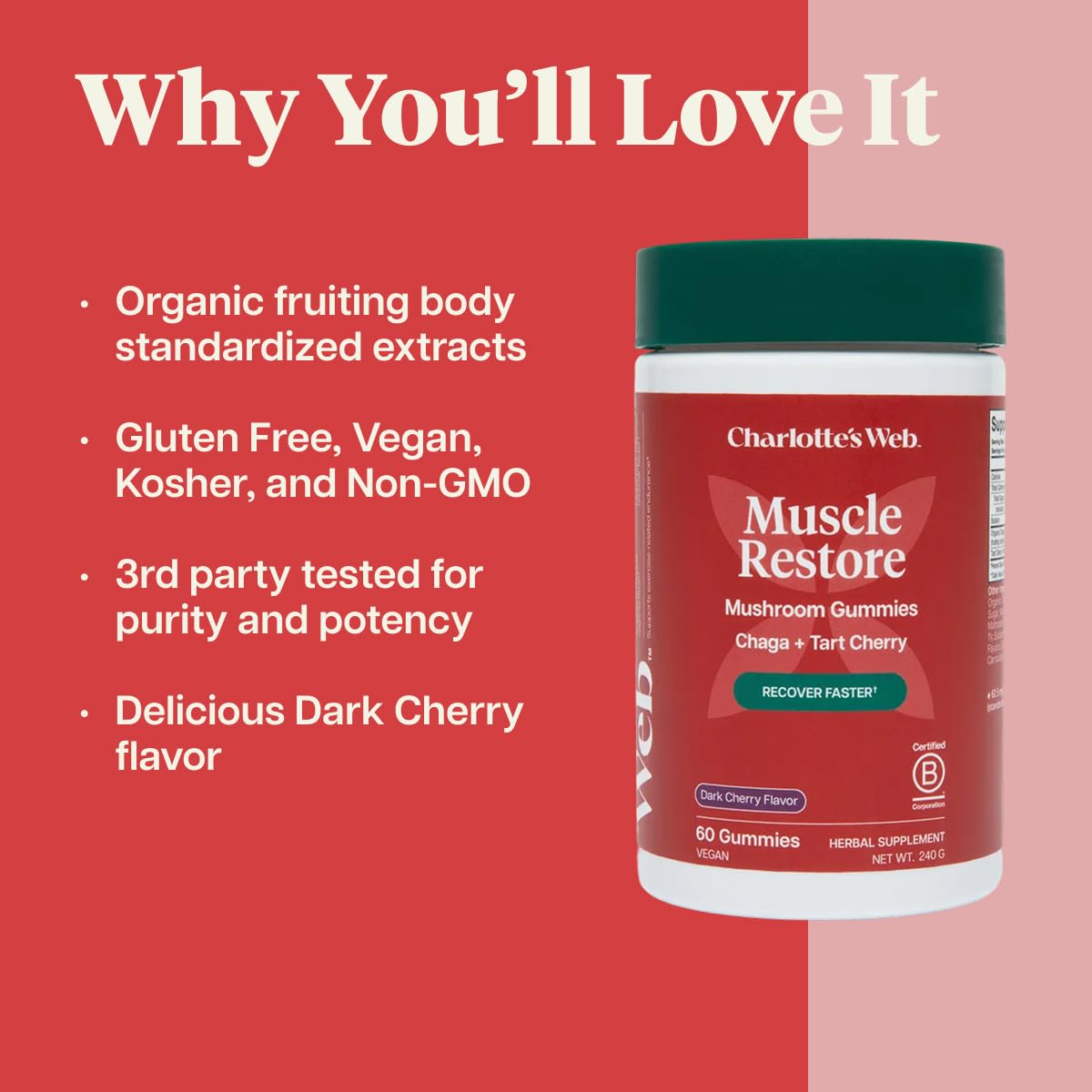 Charlotte's Web Muscle Restore Mushroom Gummies — Chaga & Tart Cherry, Dark Cherry Flavor, Vegan, Kosher, Non-GMO, 60 Count
