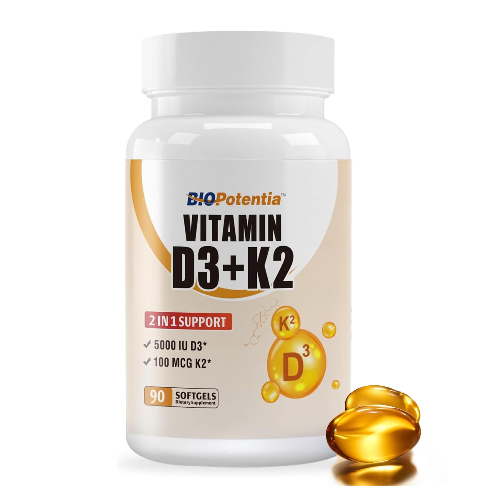 BIO POTENTIA Vitamin D3 K2 (MK7) Softgel Supplement with MCT Oil, 90 Softgels