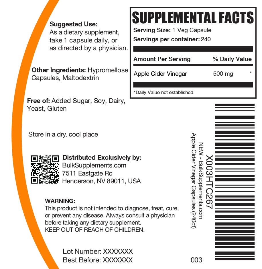 BulkSupplements Apple Cider Vinegar Capsule, 240 Capsules