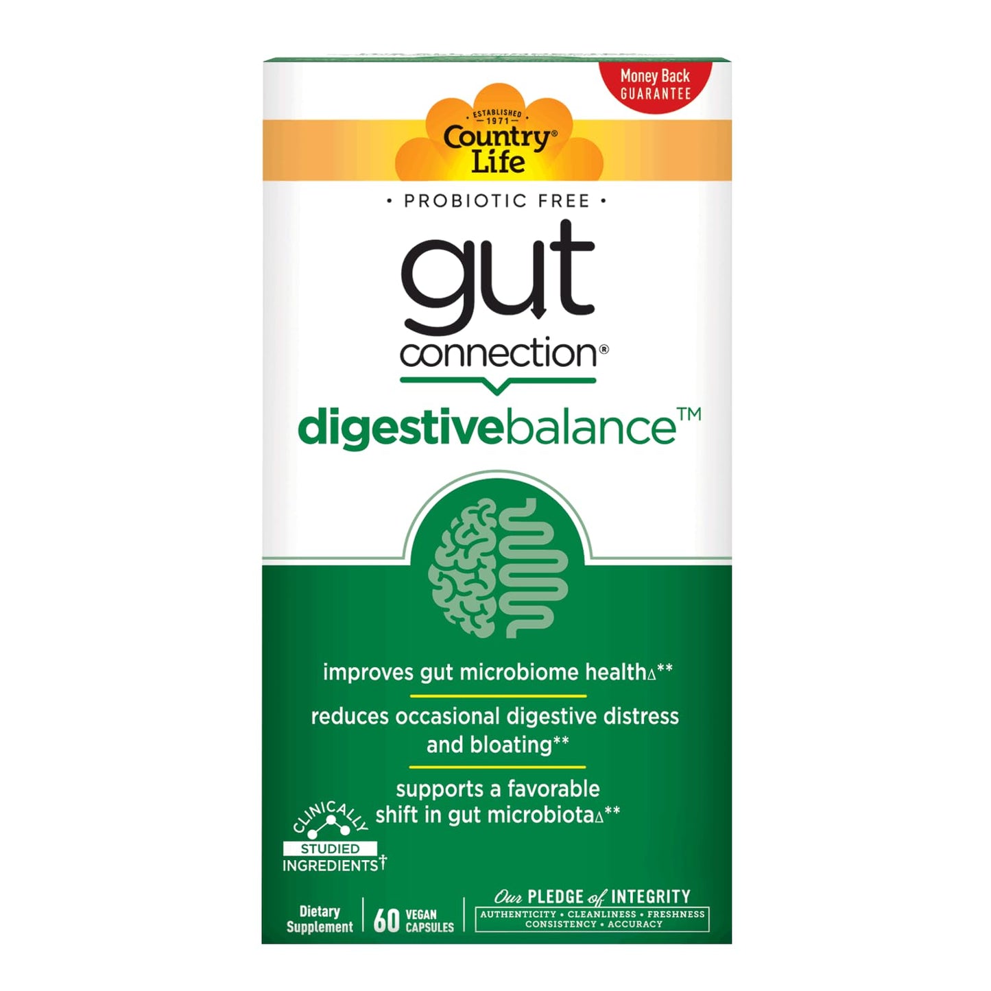 Country Life Gut Connection Digestive Balance – Prebiotic & Digestive Enzyme Supplement for Gut Health, Bloating Relief, and Improved Bowel Movements 60 Capsules