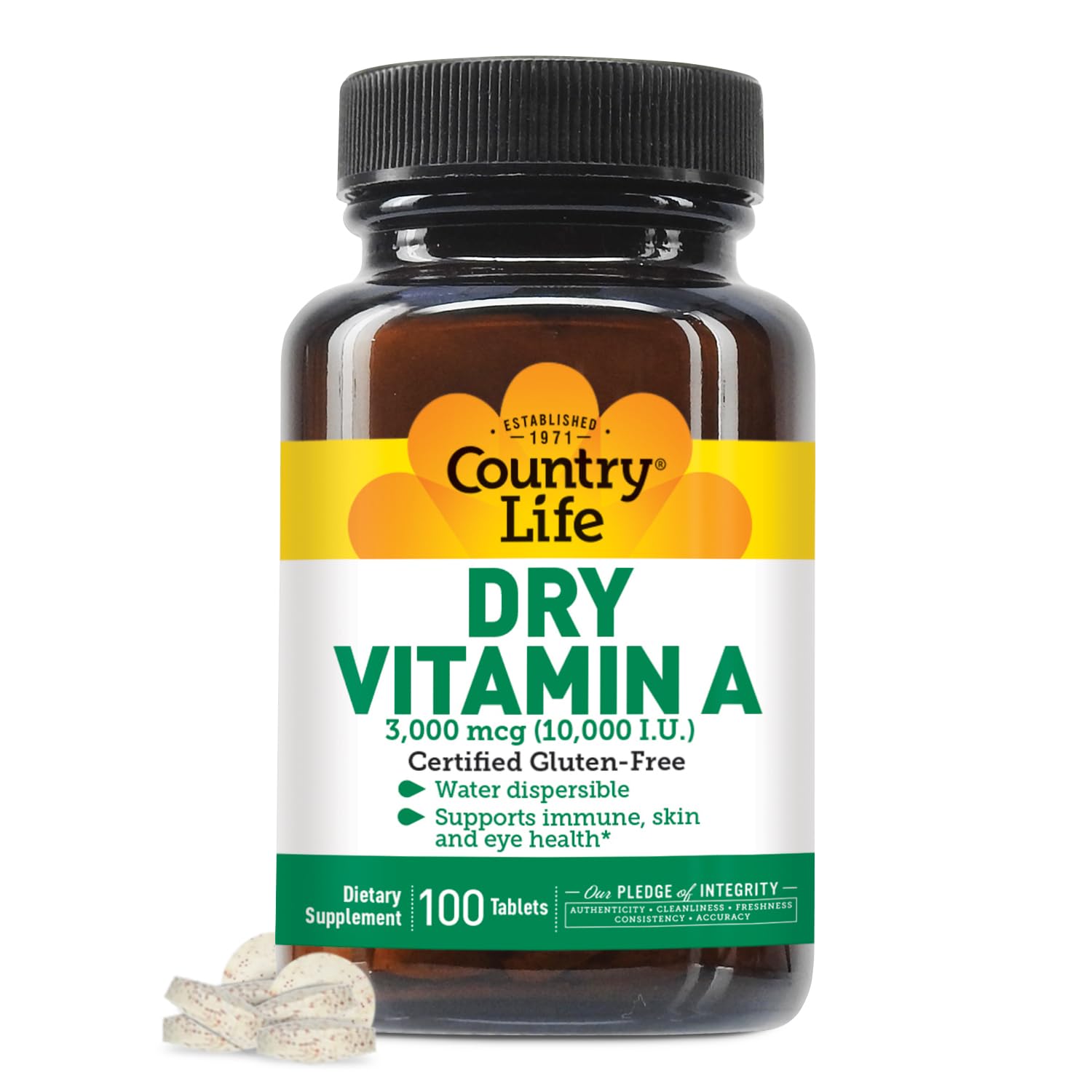 Country Life Dry Vitamin A 10,000 IU Water Dispersible Tablets, 100 Count