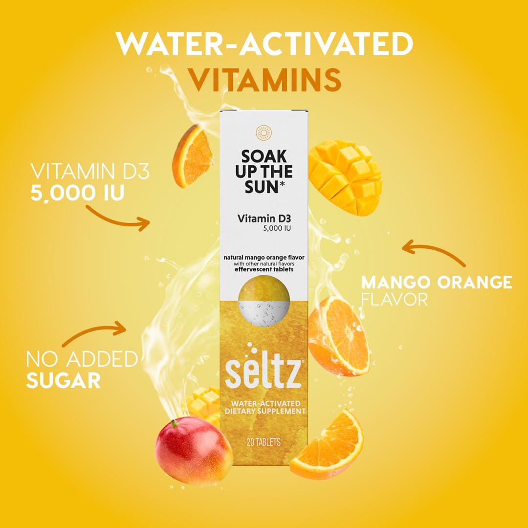 Seltz Soak Up The Sun Effervescent Vitamin D3 5,000 IU Tablets - Mango Orange Flavor, No Sugar Added, 20 Tablets