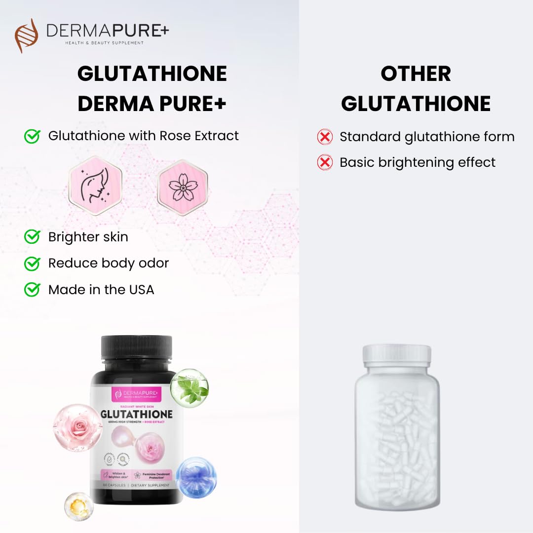 HVSun Dermapure Glutathione Whitening Pills 2-in-1, 600mg with Rose Oil Extract – Skin Lightening & Deodorant Supplement - Dark Spots, Acne Scars & Hyperpigmentation – Made in USA, 60 Capsules