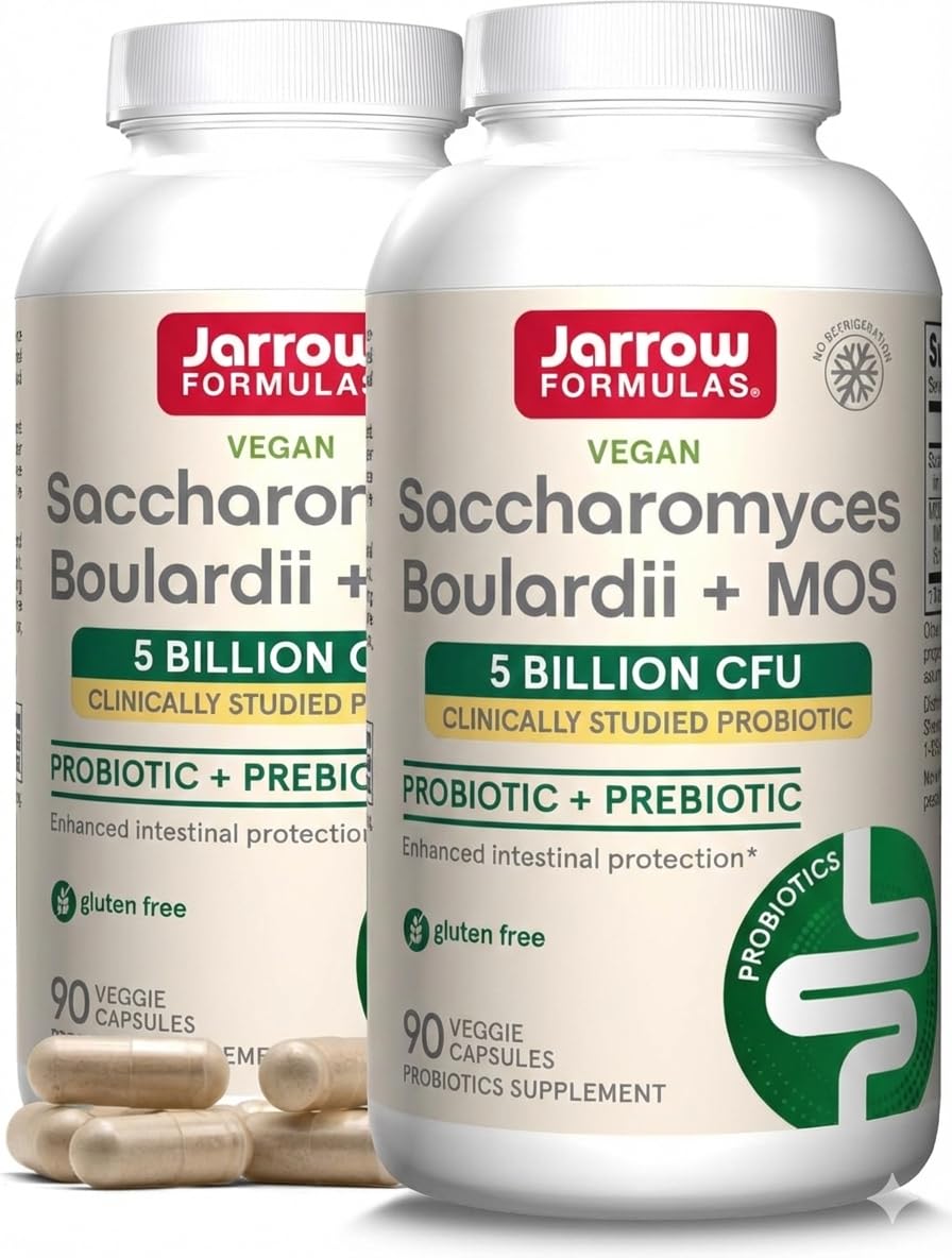Jarrow Formulas Saccharomyces boulardii + MOS Probiotic + Prebiotic Delayed Release Veggie Capsules, 5 Billion Viable Organisms Per Serving, 180 Capsules