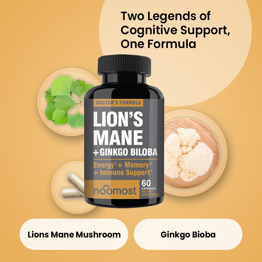 NooMost Lions Mane Mushroom Supplement Capsules 1080mg With Ginkgo Biloba, 60 Veg Caps