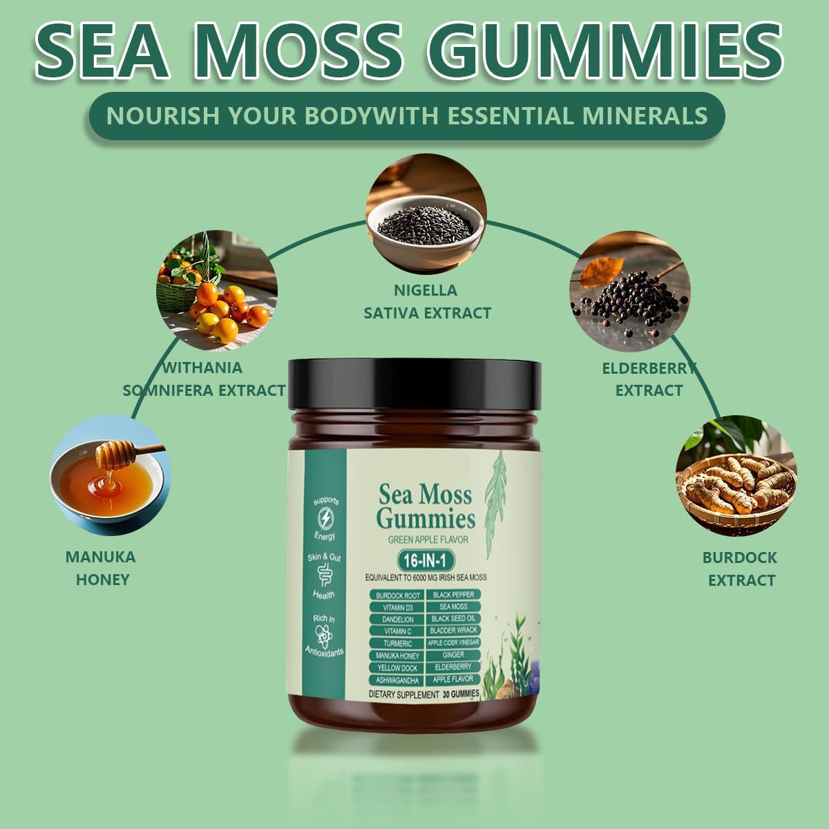 FW ZONE Sea Moss Gummies 16-in-1 with Black Seed Oil, Ashwagandha, 60 Gummies