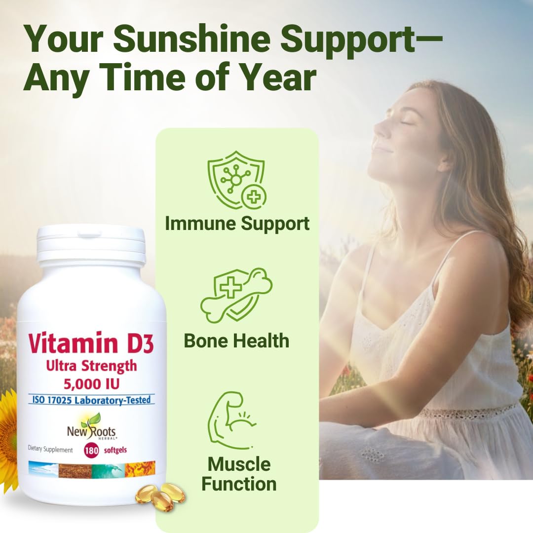 NEW ROOTS HERBAL Vitamin D3 Supplement 5000 IU with Vitamin E Softgels 180 Count
