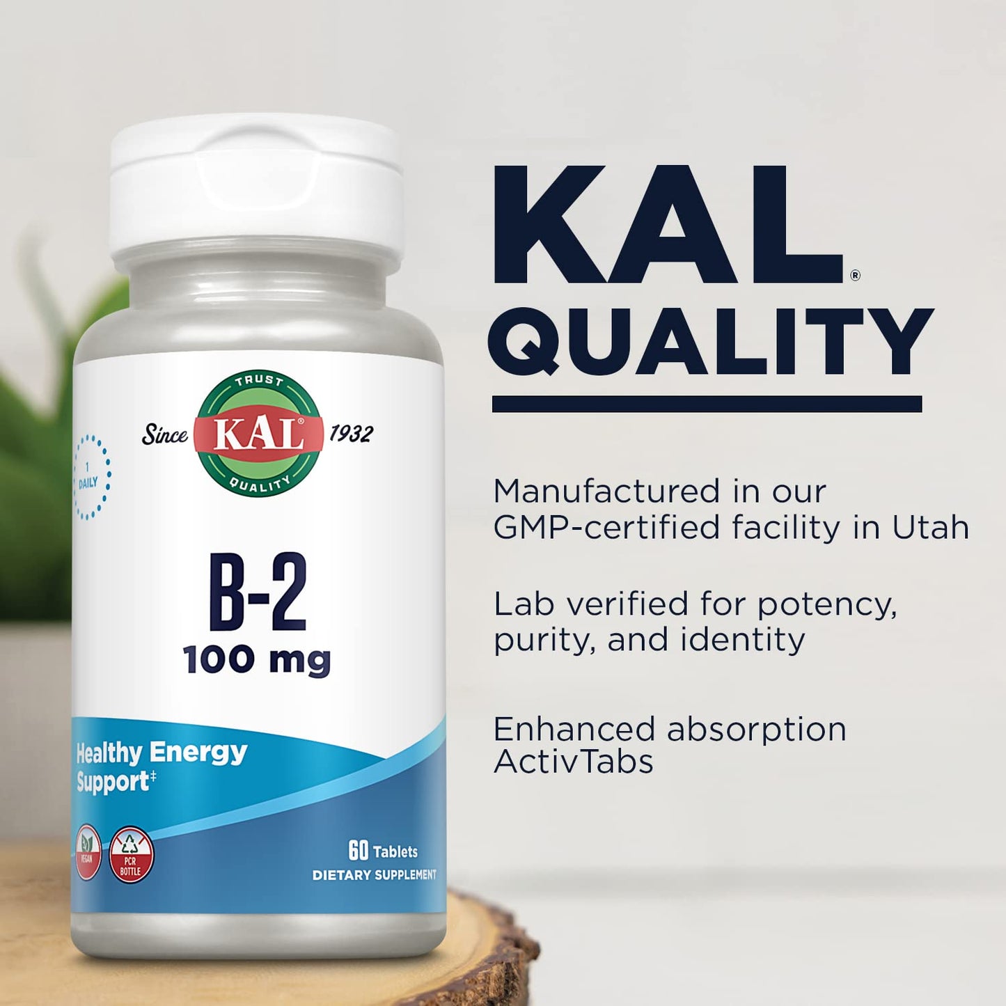 KAL Vitamin B2 100mg, Riboflavin B2 Tablet, 60 Tablets