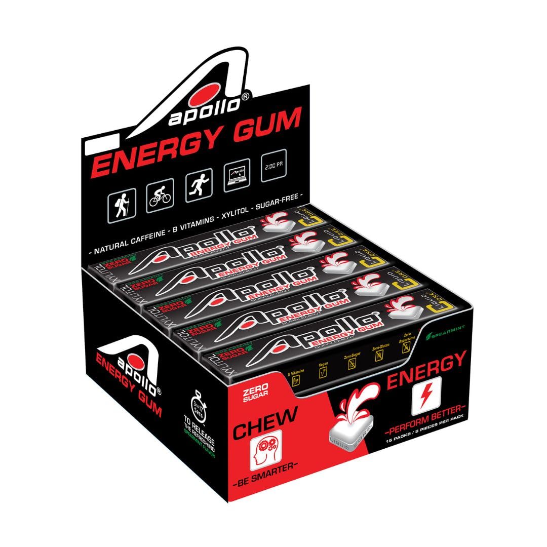 Liquid Core Apollo Energy Gum Chewable - 80mg Natural Caffeine per Piece, Sugar-Free, Aspartame-Free, Xylitol Gum - 75 Pieces
