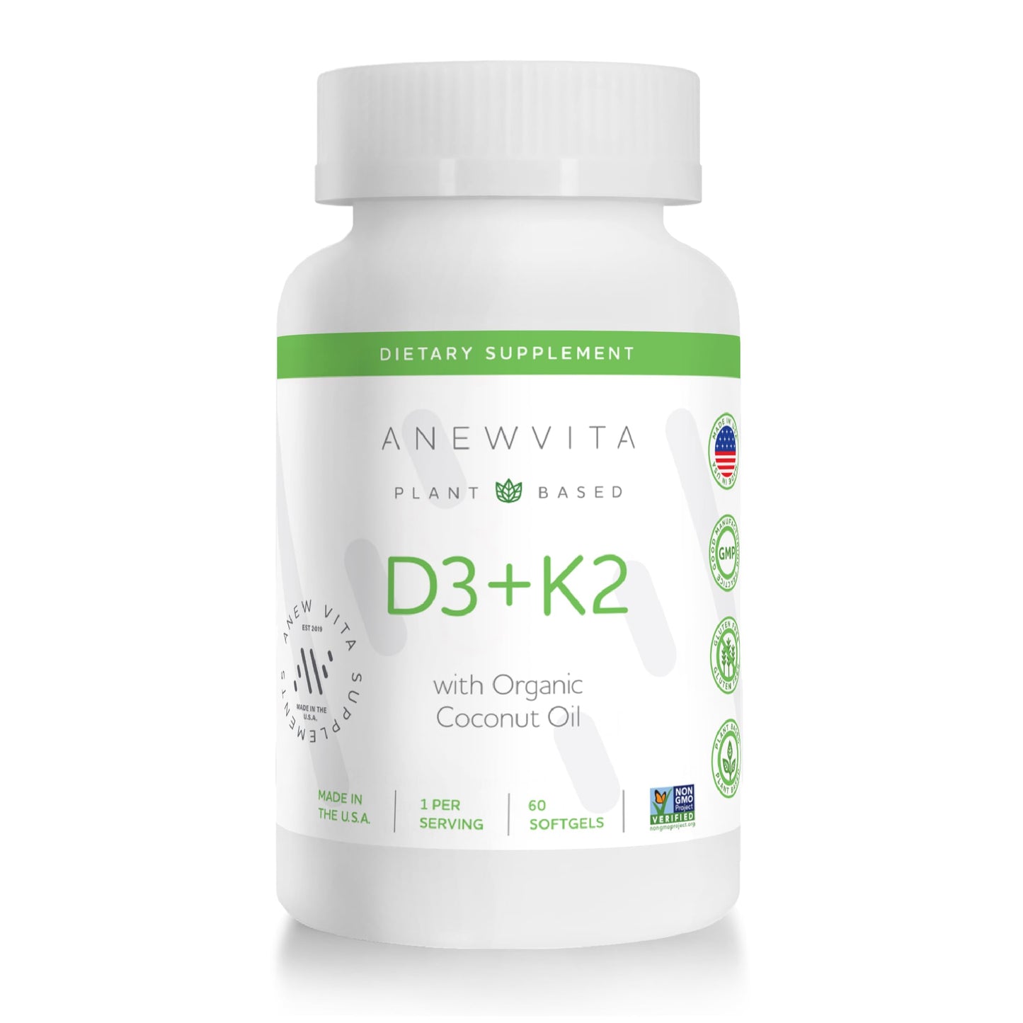 Anew Vita Vitamin D3 + K2 with Organic Coconut Oil, 60 Capsules