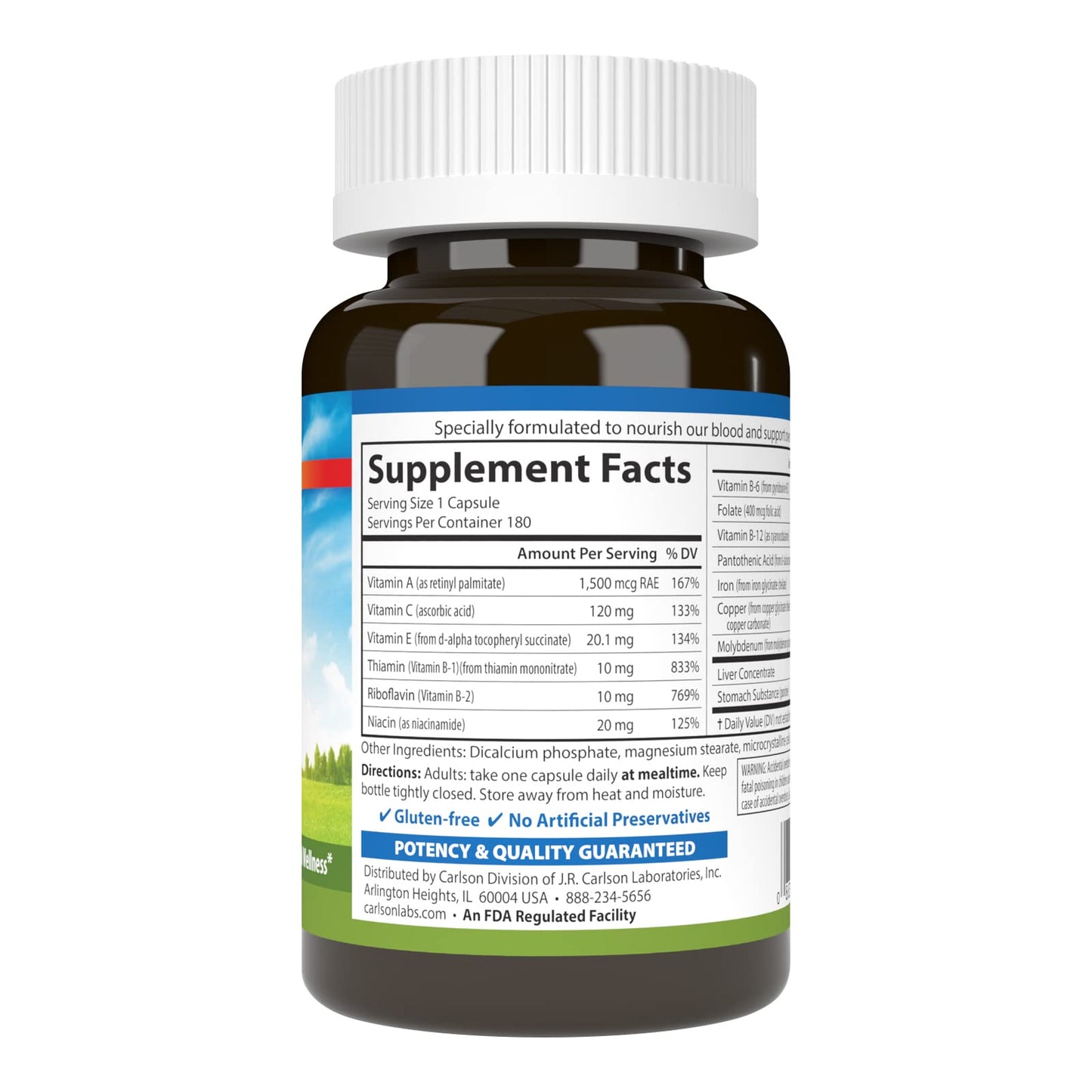 Carlson Blood Nutrients Iron 28 mg Capsules, 180 Count