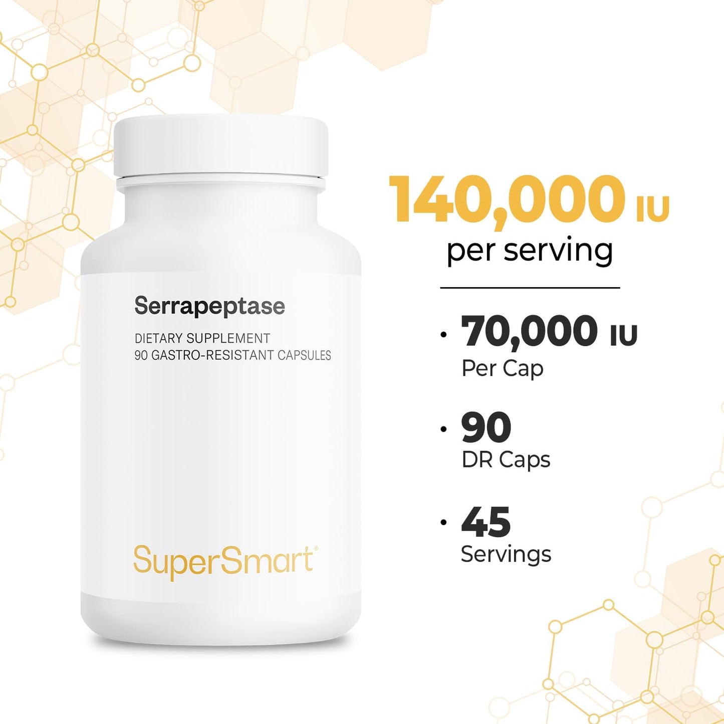 Supersmart Serrapeptase 140000IU Bioactive Proteolytic Enzyme - Serratia Peptidase Supplement Capsules 90