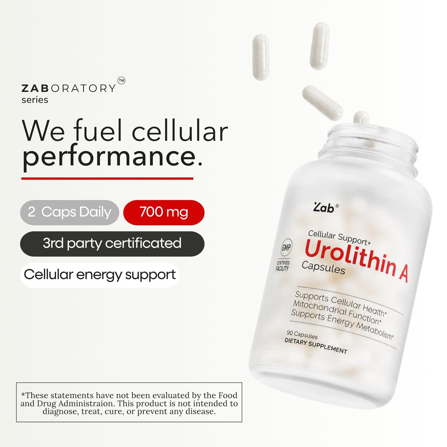 ZAB Urolithin A Supplement 700mg Per Serving Mitochondrial Support for Energy Metabolism and Cellular Health, Vegan, 90 Capsules