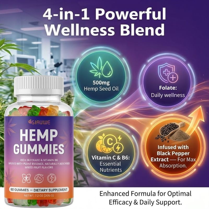 SIAUWE Hemp Gummies for Adults with Hemp Seed Oil, Vitamin C & B6 Gummy 60 Count