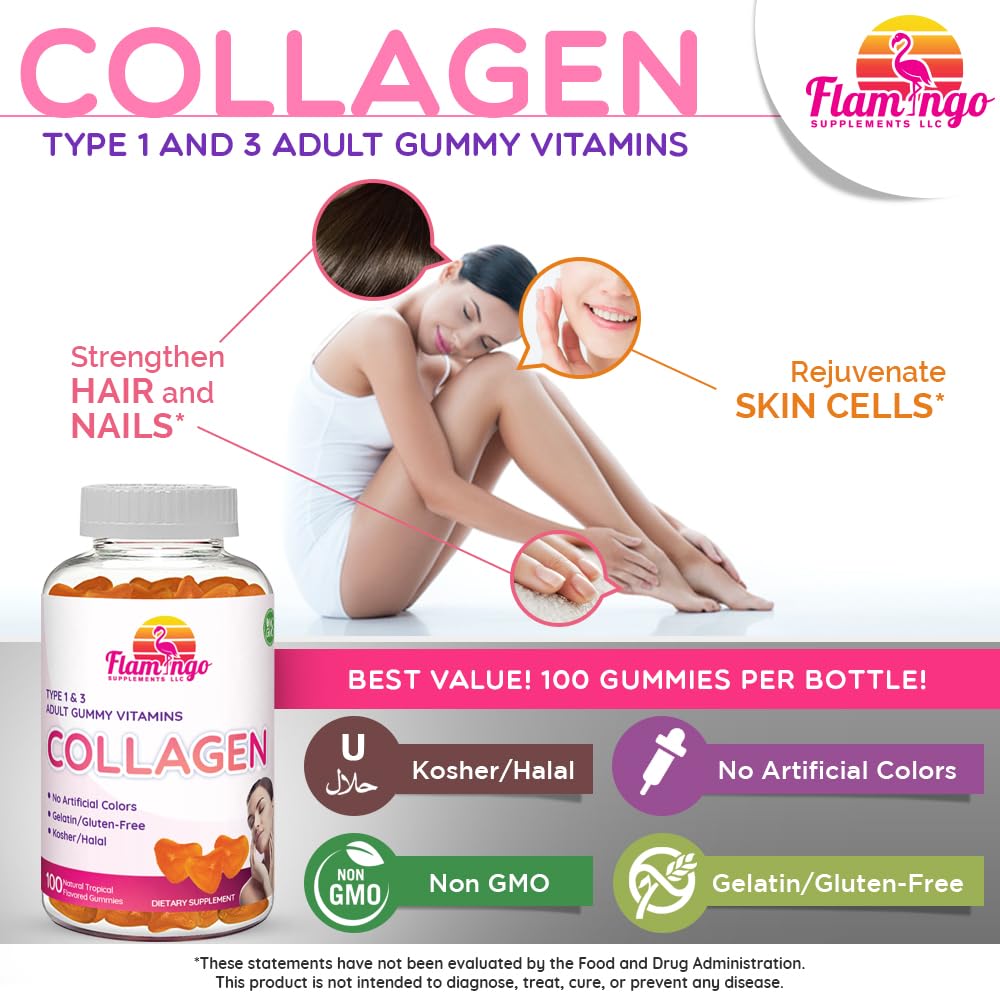 Flamingo Supplements Collagen Gummies, Natural Marine Collagen for Women and Men, Hydrolyzed Types I & II, No Gelatin, Kosher, Halal, 100 Count
