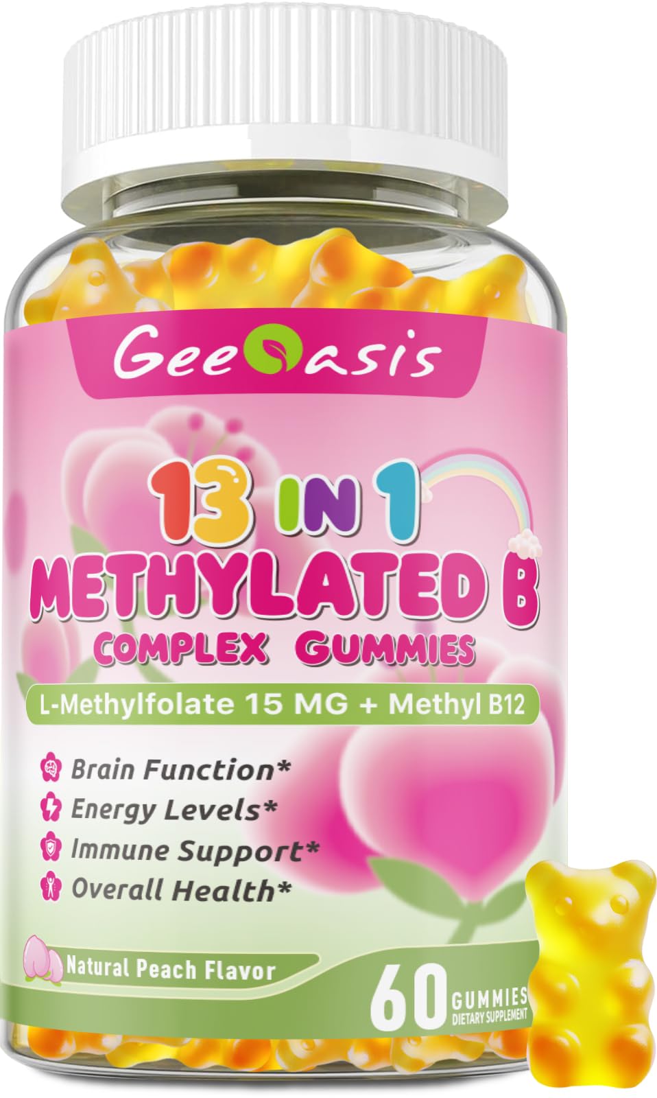 Geeoasis L-methylfolate for Kids Gummies, Methylated B Complex Chewable Supplement for Women, with Methylated B12, Zinc Citrate, Vitamin C, Choline, Theanine & Saffron, Energy, Stress, 5-MTHFR, 60 Count