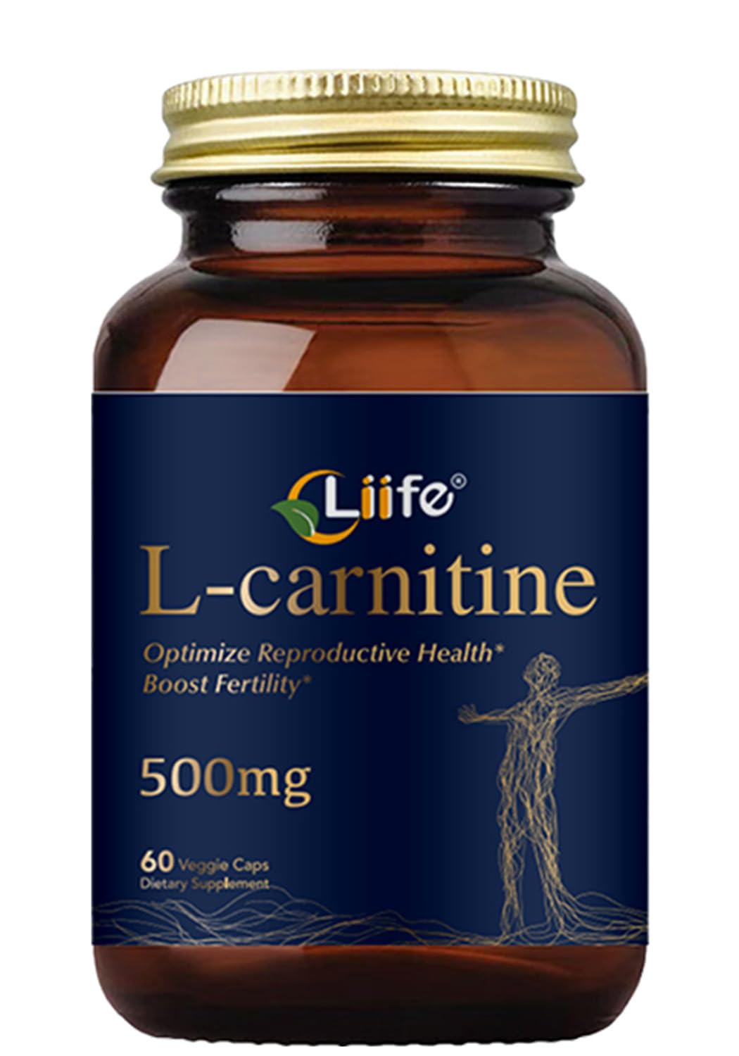 LIIFE L-Carnitine with Folic Acid (Vitamin B9) and Vitamin C, 500 mg Capsules, 60 Count