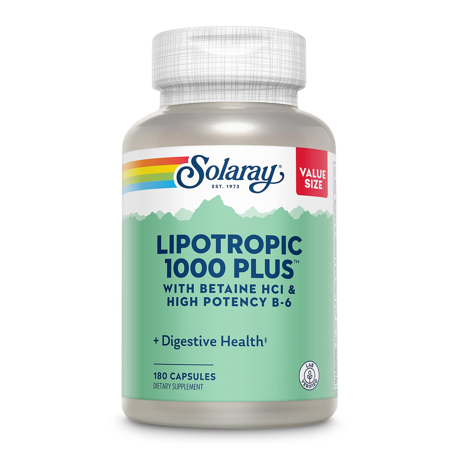 Solaray Lipotropic 1000 Plus Digestive, Energy & Fat Metabolism Support with Betaine HCl & Vitamin B-6, 180 Capsules