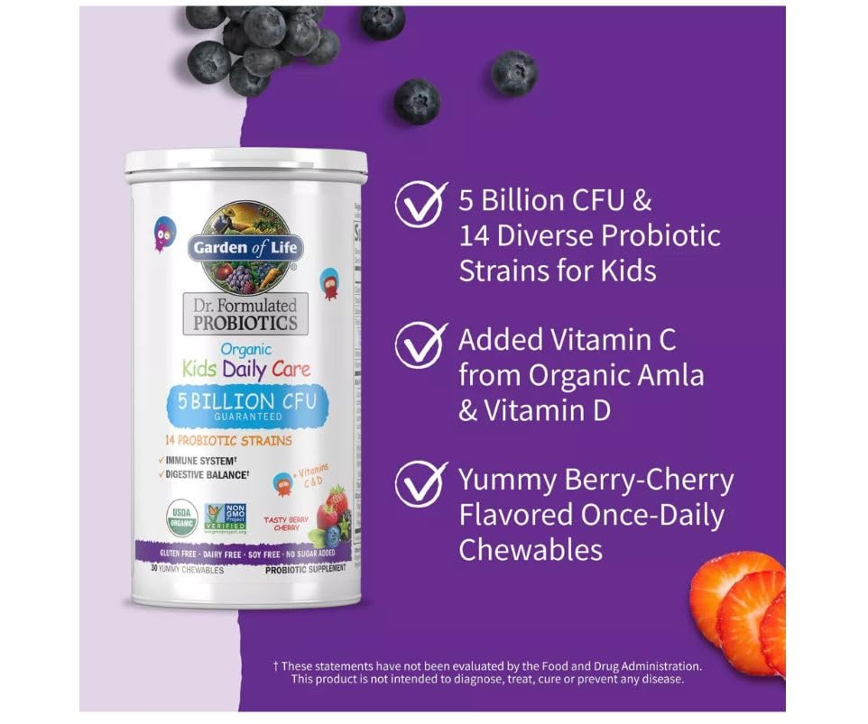 Garden of Life Dr. Formulated Kids Organic Probiotic Chewables, Berry & Cherry Flavor, 5 Billion CFU, 30 Count