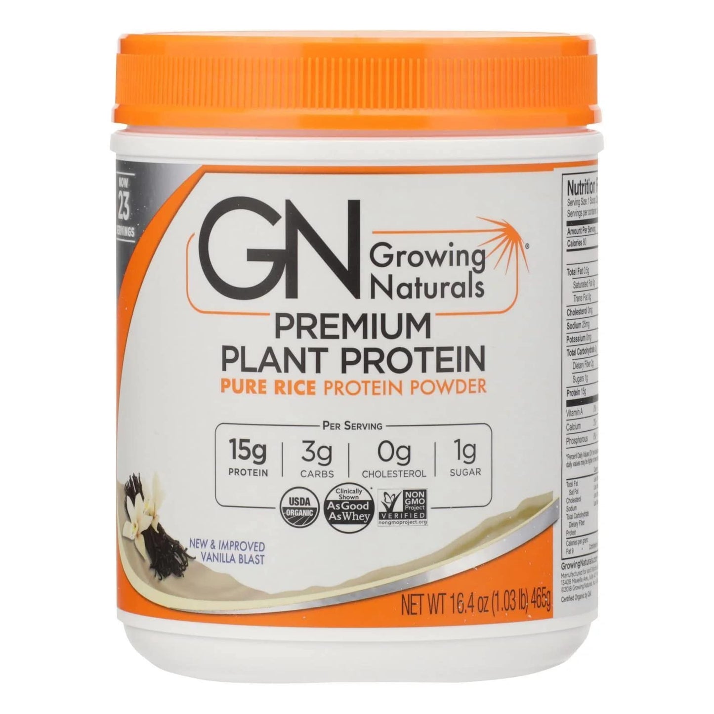 Growing Naturals Rice Protein Isolate Powder Vanilla 16.4 oz