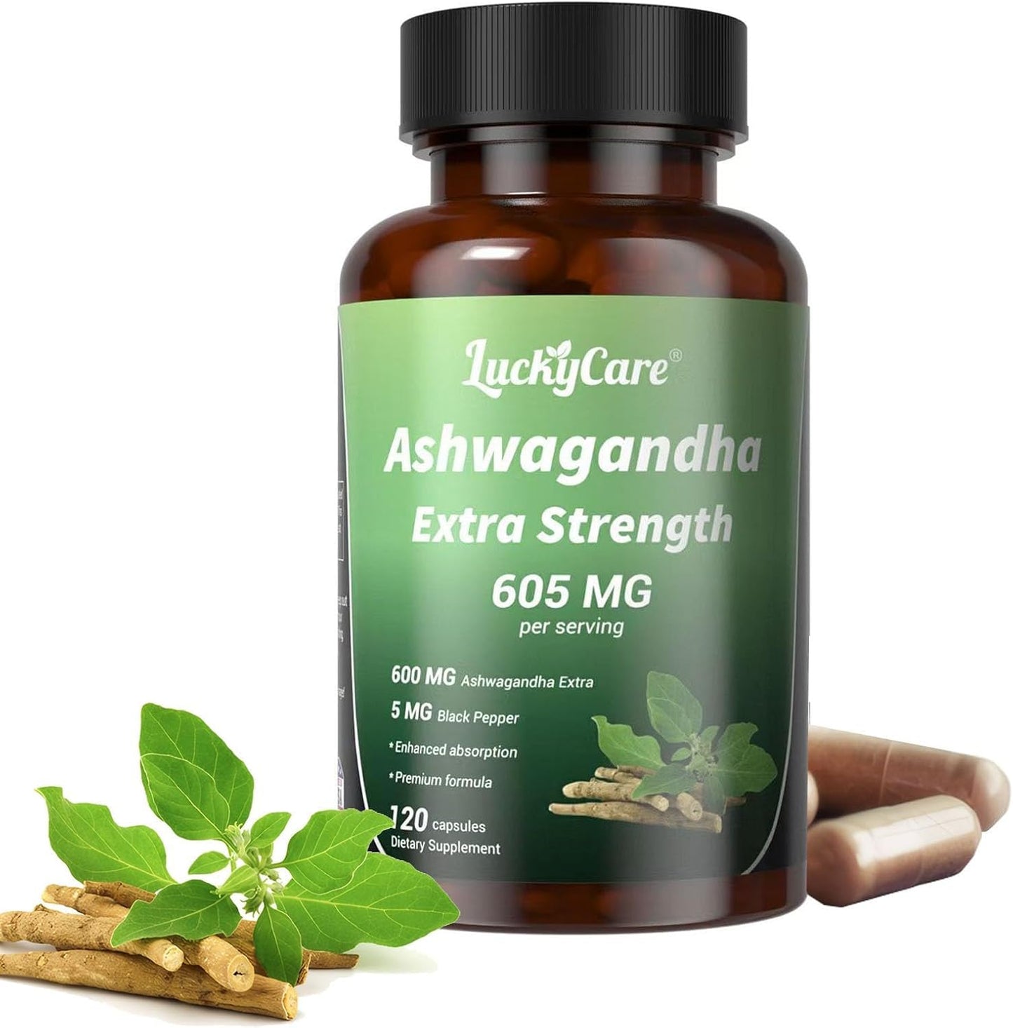 Luckycare Ashwagandha 600mg Extra Strength Root Extract with Black Pepper Capsule, 1 Count