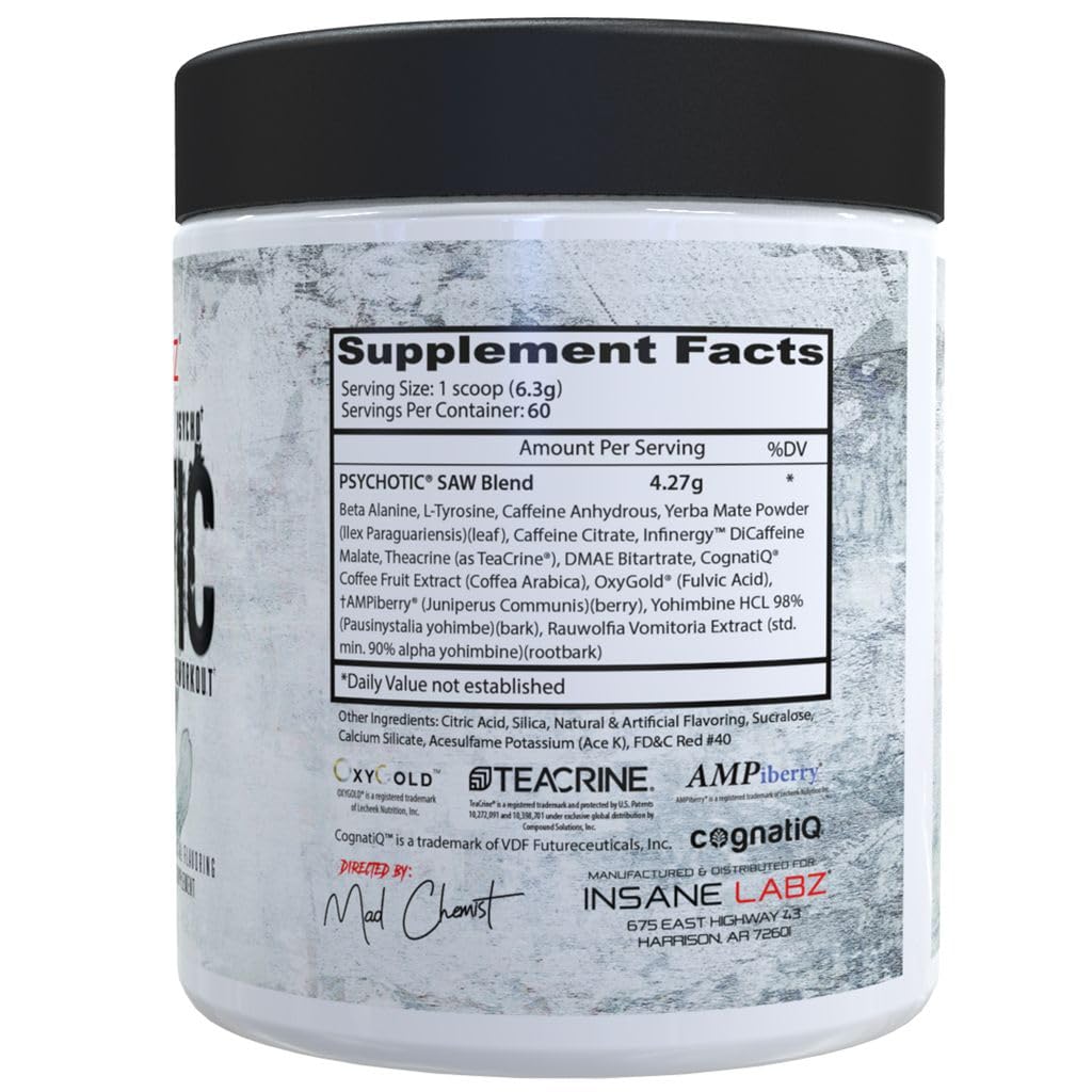Insane Labz Psychotic SAW High Stim Pre Workout Powder with OxyGold and AMPiberry, 6.6 Ounce