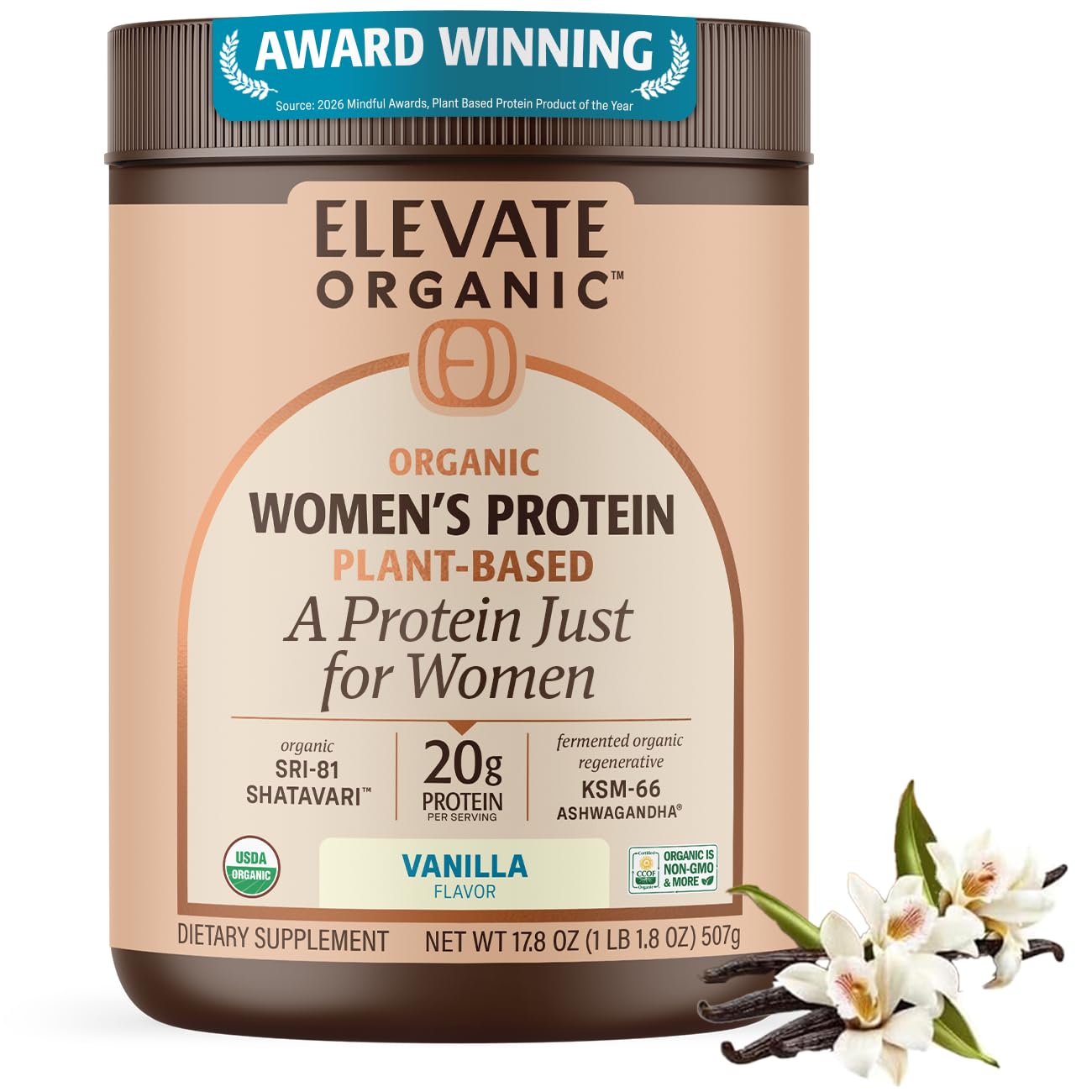 ELEVATE ORGANIC Women's Plant Protein Powder Vanilla, Pea Protein, 1.12 lb