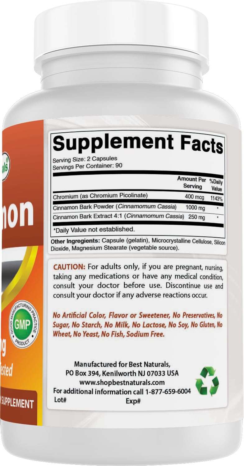 Best Naturals Cinnamon 2000 mg Equivalent with Chromium 400 mcg per Serving - Metabolism Support Capsules 180