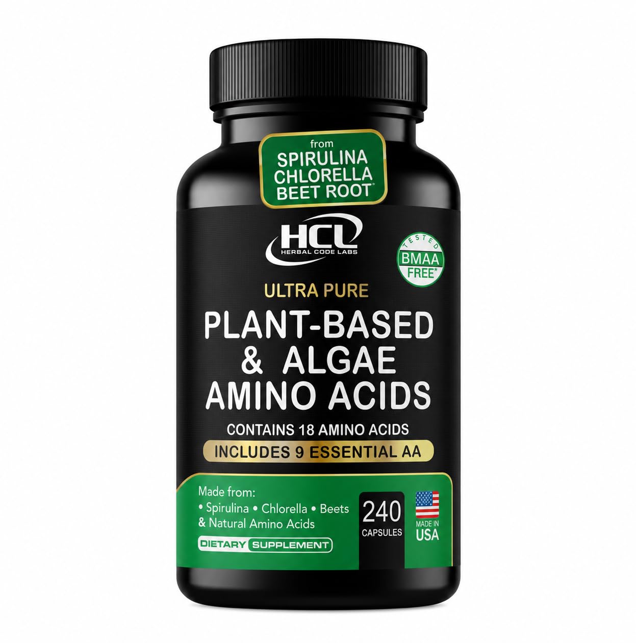 HCL Herbal Code Labs Essential Amino Acids Plant Based Supplement Capsules, 240 Count