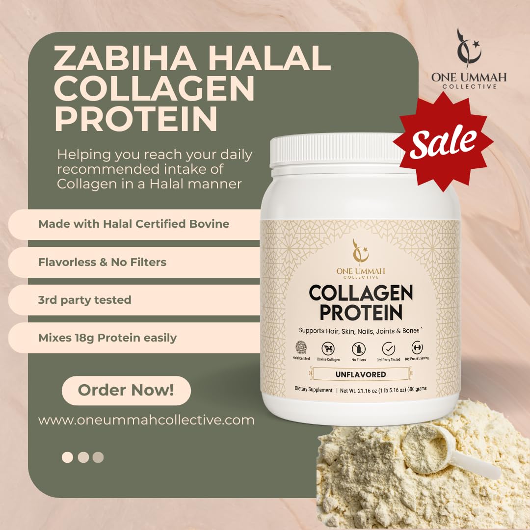 One Ummah Zabiha Halal Certified Collagen Peptides Protein Powder – Hydrolyzed Bovine Collagen Type I & III – 18g Protein per Serving – Skin, Hair, Nails & Joint Support – Unflavored, 21.16 oz