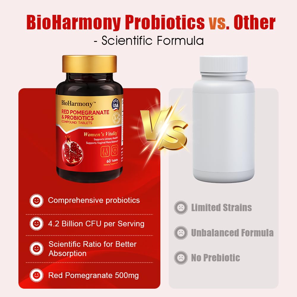 BioHarmony Women's Probiotic for pH Balance & Urinary Health – 4.2 Billion CFU with Lactobacillus crispatus & L. gasseri – Red Pomegranate 500mg – Non-GMO, Gluten-Free, 60 Tablets