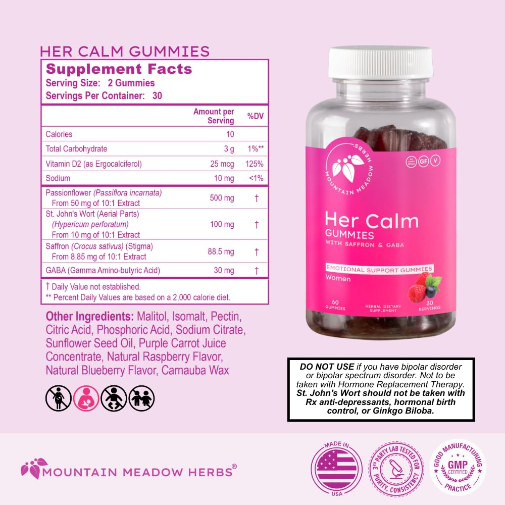 Mountain Meadow Herbs Her Calm Gummies – Natural Mood Support with Saffron, Passion Flower, St. John’s Wort, GABA – Stress Relief Supplement for Women, 60 Count
