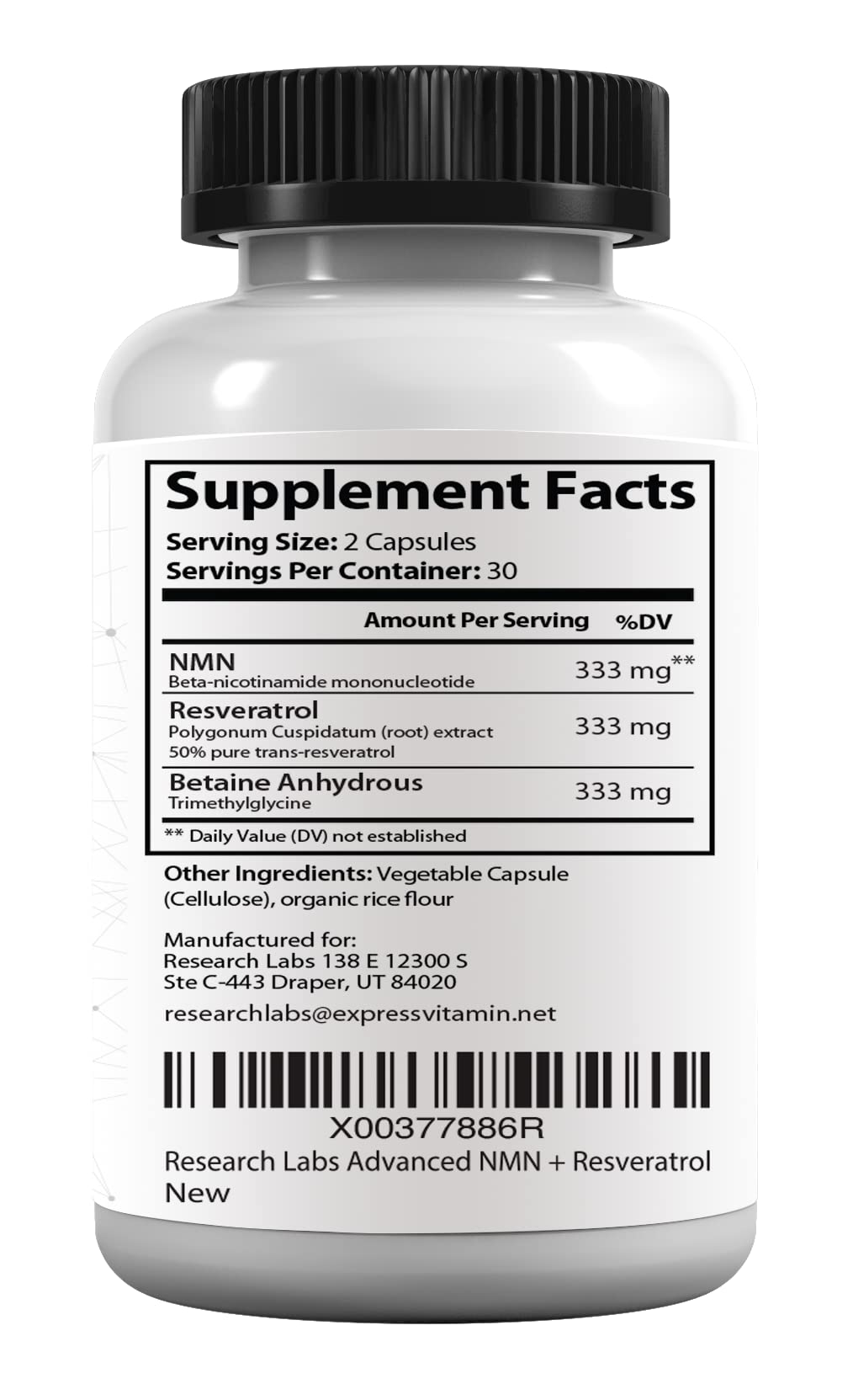 Research Labs Advanced NMN Resveratrol & Betaine (TMG) Longevity Formula Capsule 60 Count