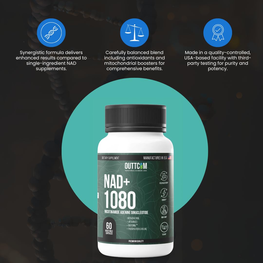 Outtcom NAD+ Supplement with Resveratrol, B12, Phosphatidylcholine & Bioperine – 900mg NAD+ Capsule, 120 Capsules
