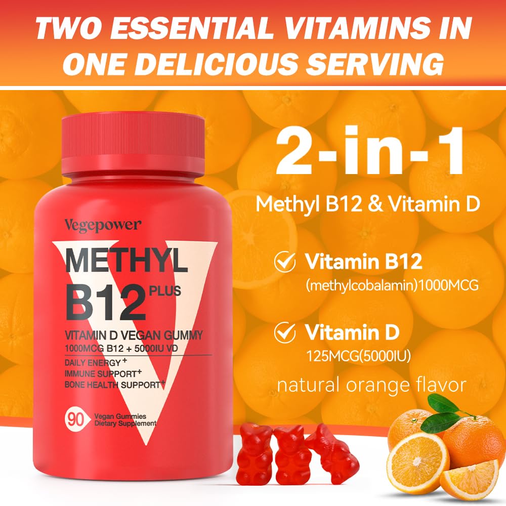 VEGEPOWER Vegan Vitamin D3 & B12 Gummies, 90 Count