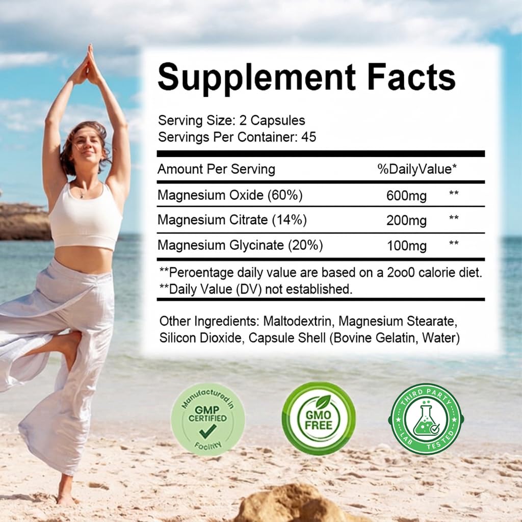 Dyeazirn Magnesium Complex for Women & Men, Magnesium Glycinate Oxide Citrate Capsules, 90 Count