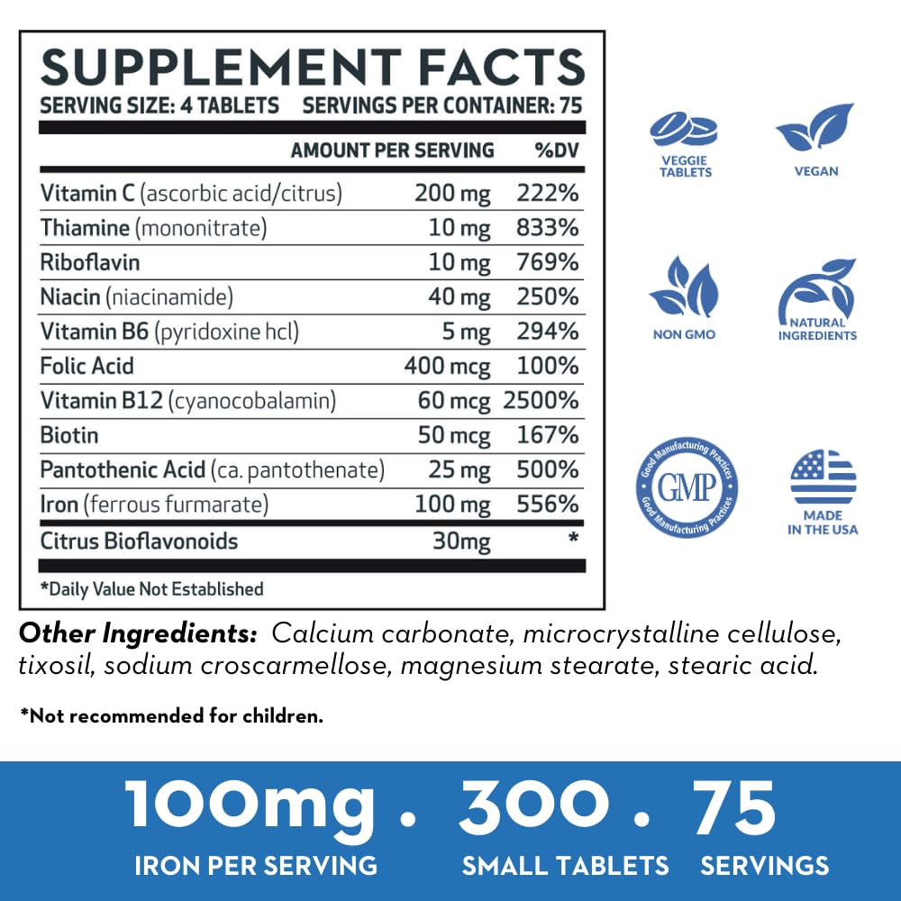 Vitaminerals Deceliron 100mg Iron Tablet, Non-GMO, Vegan, Gluten & Dairy Free, 300 Tablets