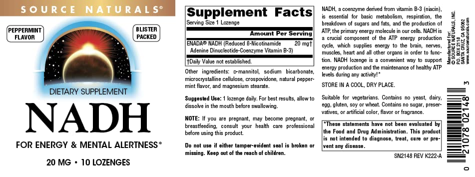 Source Naturals NADH 20mg Lozenges, 10 Lozenges