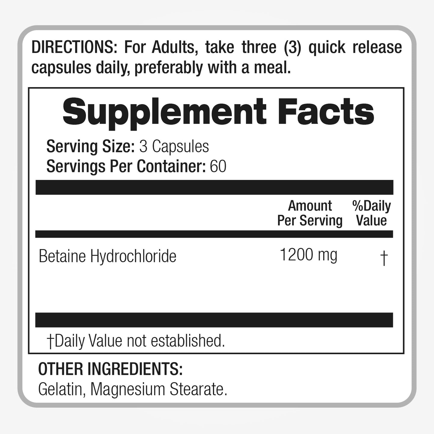 FITO MEDIC'S Betaine Hydrochloride Capsules, 180 Count