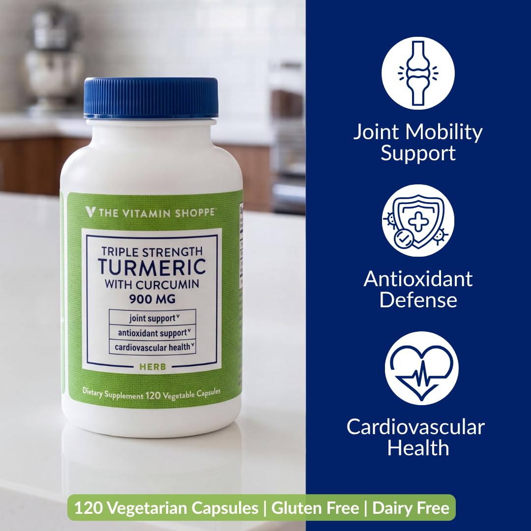The Vitamin Shoppe Triple Strength Turmeric Supplement with Curcumin 900mg & BioPerine, Black Pepper Extract for Joint Mobility & Antioxidant Support, Vegetarian Capsules, 120 Capsules
