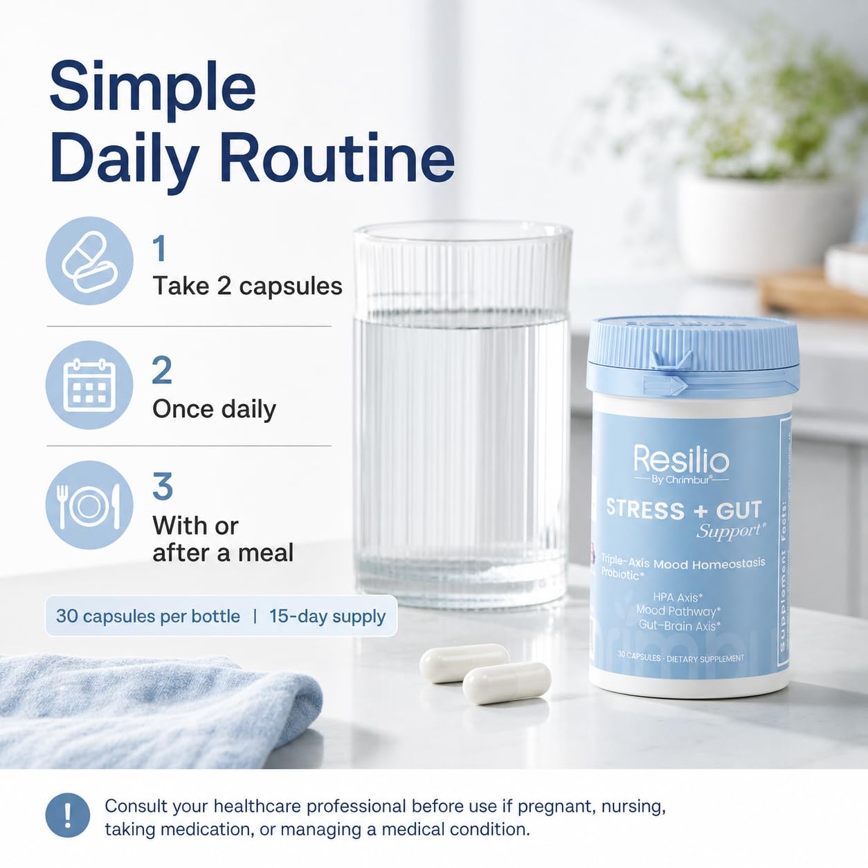 CHRIMBUR Resilio Stress+Gut Support Mood & Stress Probiotic for Women & Men Brain-Gut Axis Formula 30 Capsules