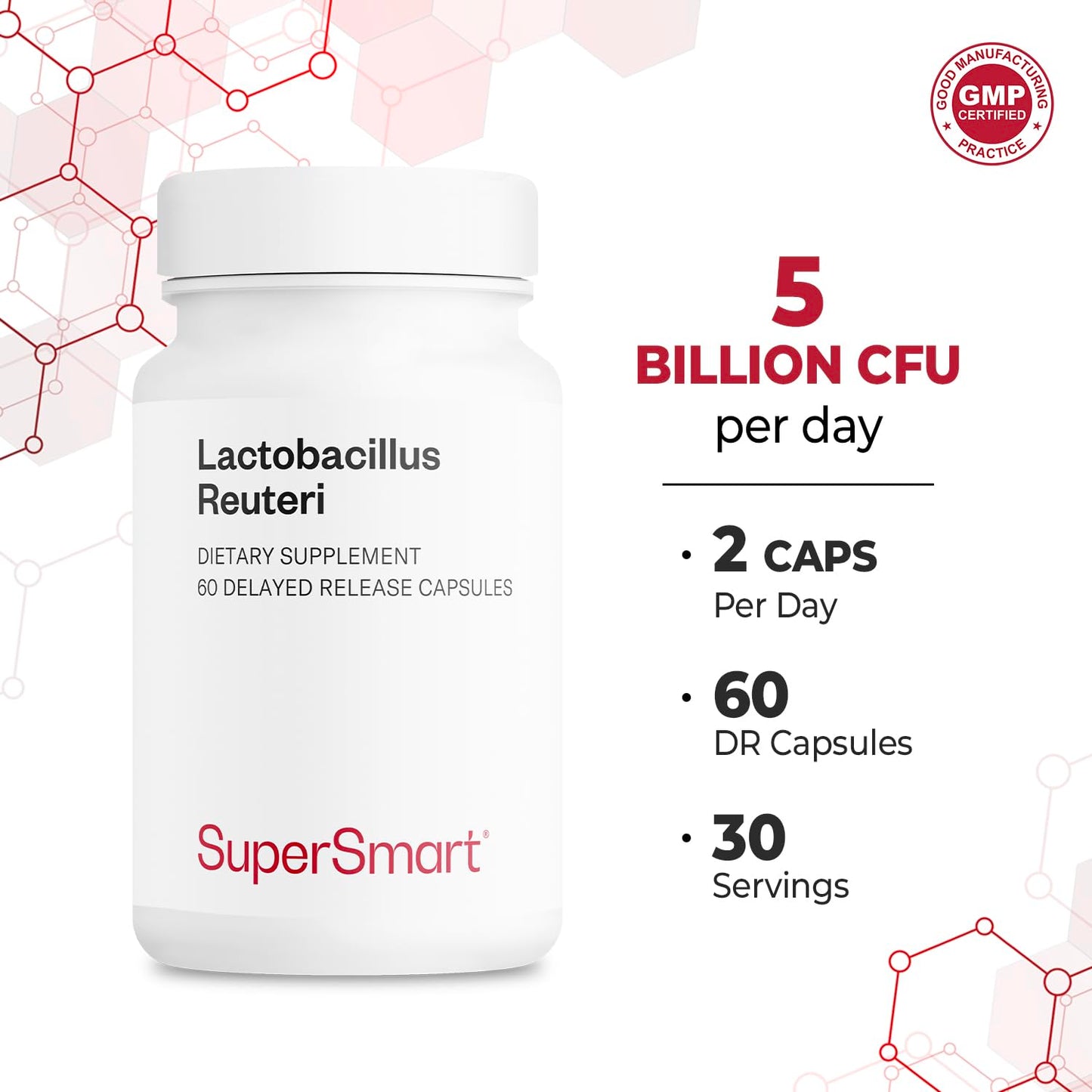 Supersmart Lactobacillus Reuteri 5 Billion CFU per Day Probiotic Supplement Capsules, 180 Count