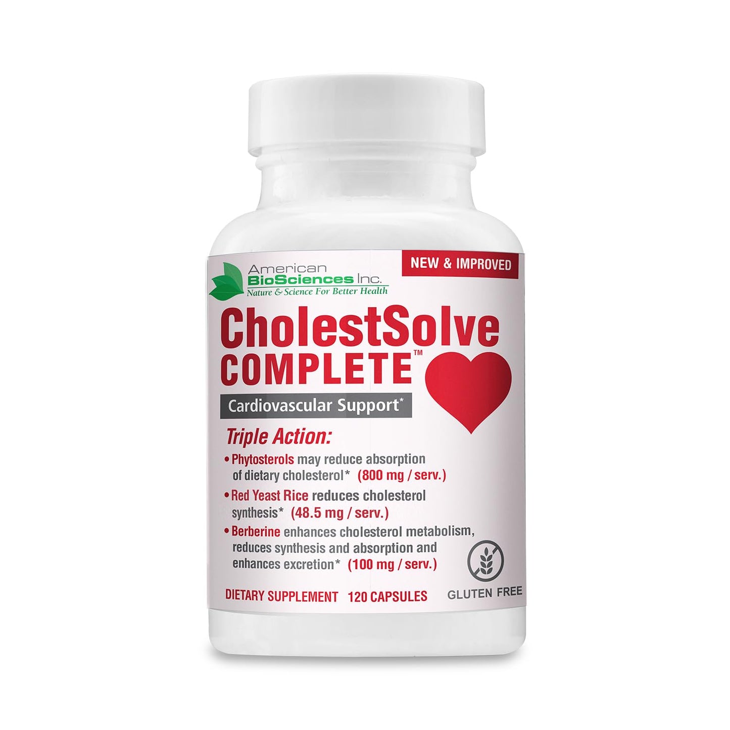 American BioSciences CholestSolve Complete Cholesterol Support Supplement with Plant Sterols 800mg, Red Yeast Rice, Berberine & Phytosterols, 120 Capsules