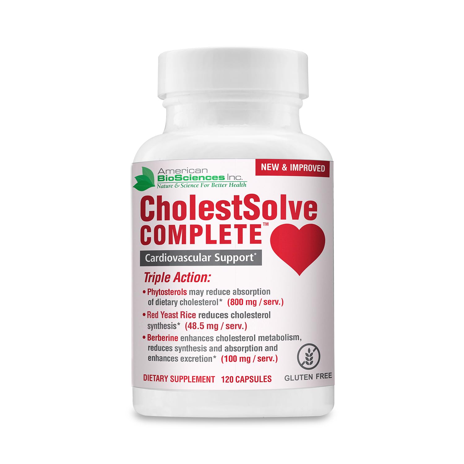 American BioSciences CholestSolve Complete Cholesterol Support Supplement with Plant Sterols 800mg, Red Yeast Rice, Berberine & Phytosterols, 120 Capsules